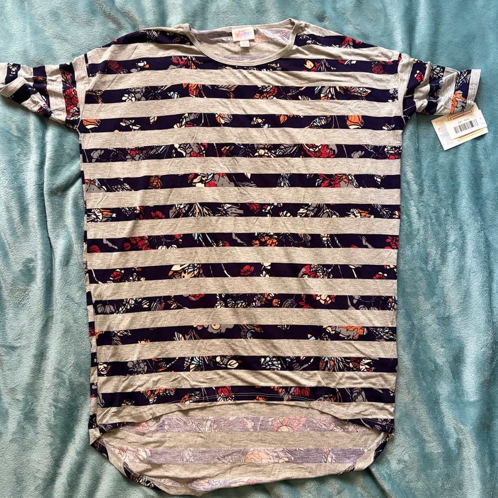 LuLaRoe Irma gray striped floral print short sleeve tunic top.